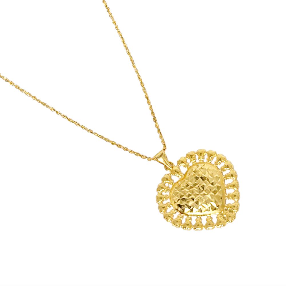 18k Saudi Gold Set Diacut Lace Heart + Rope Chain 16"