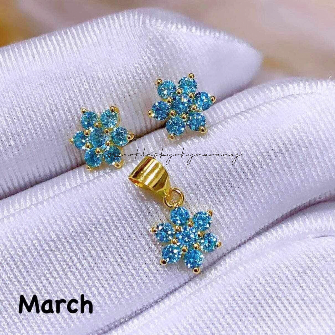 18k Saudi Gold Set March Birthstone Pendant & Earring