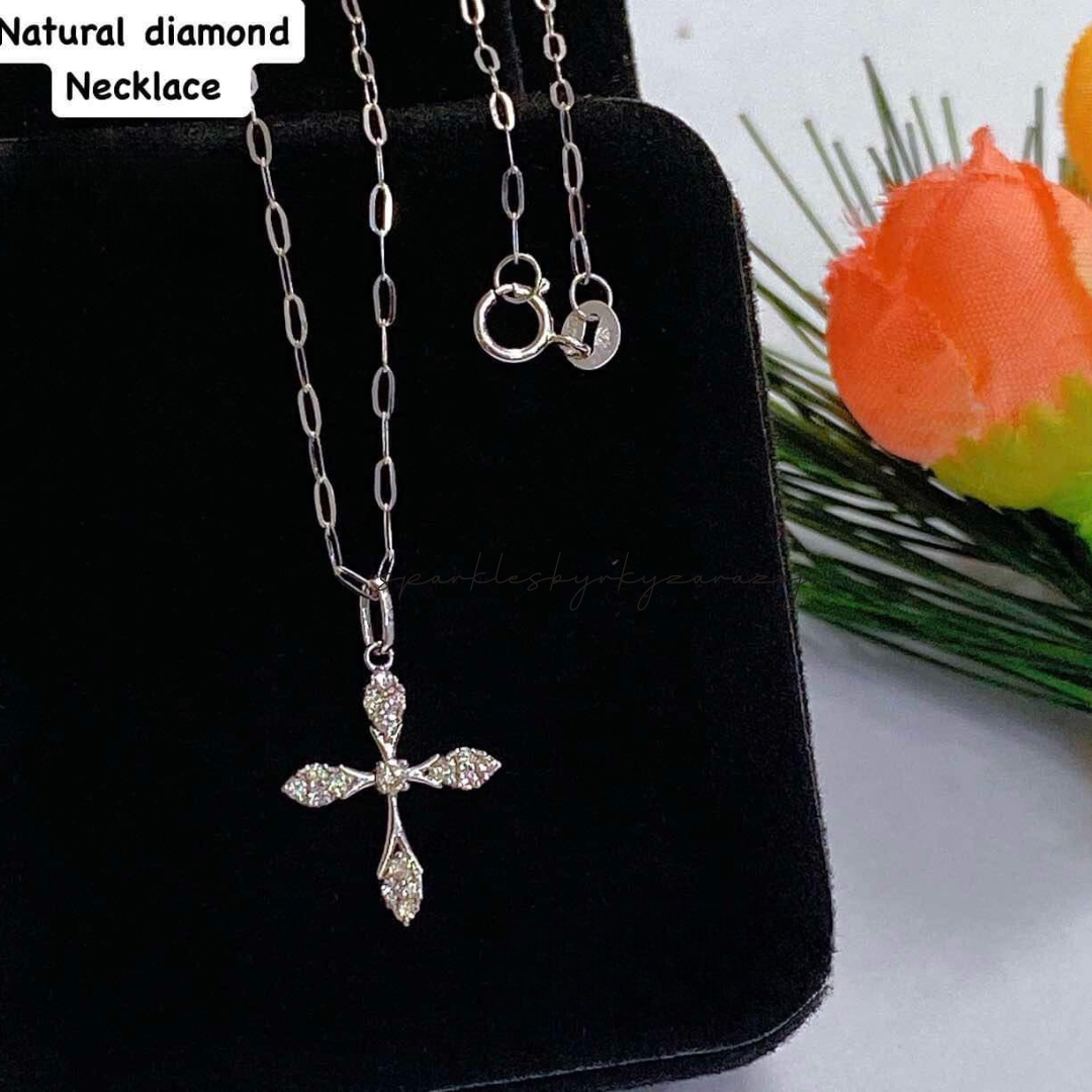 18k Saudi Gold - White Gold Cross Natural Diamond Necklace