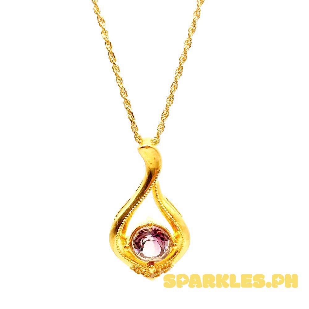 18k Saudi Gold Set Amethyst Drop HOLLOW - Rope Chain 20"