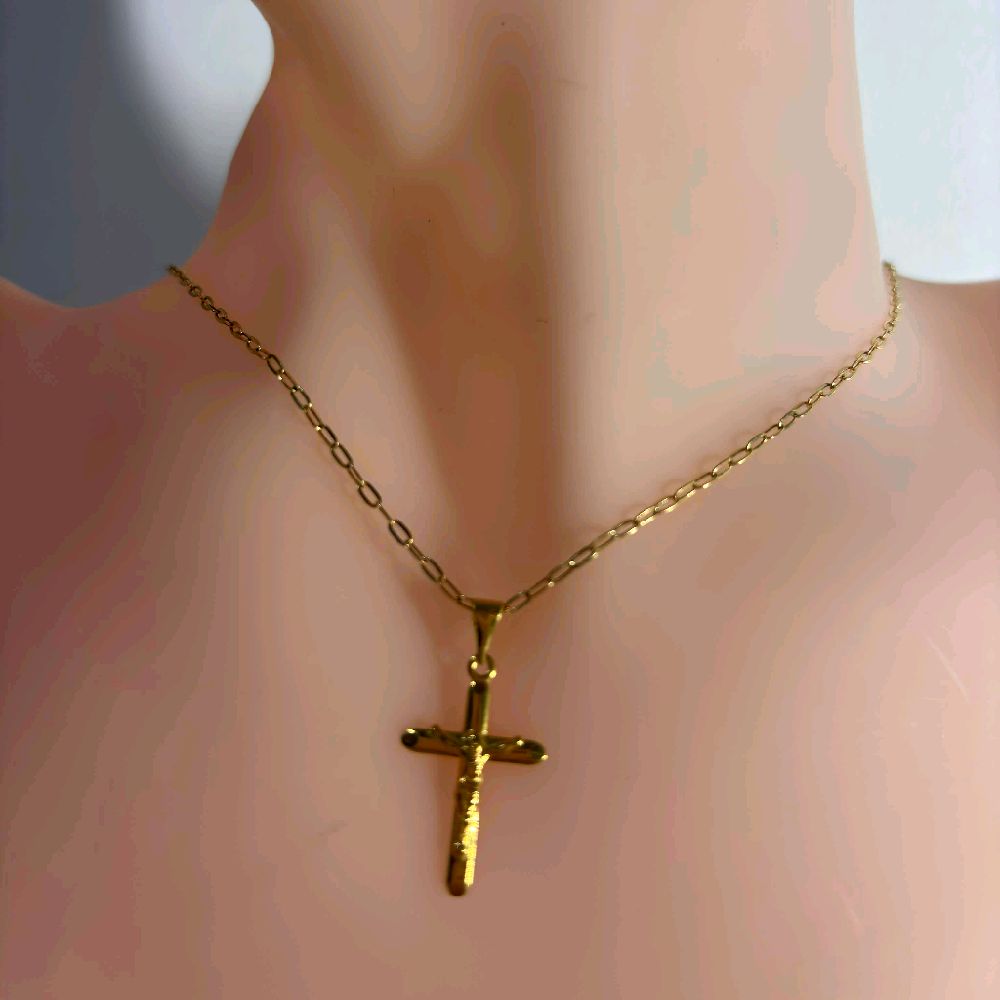 18k Saudi Gold Set Jesus Cross Plain + Micro Paperclip Makapal 16"