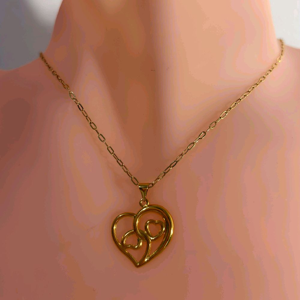 18k Saudi Gold Set Open Triple Heart + Micro Paperclip Makapal 16"