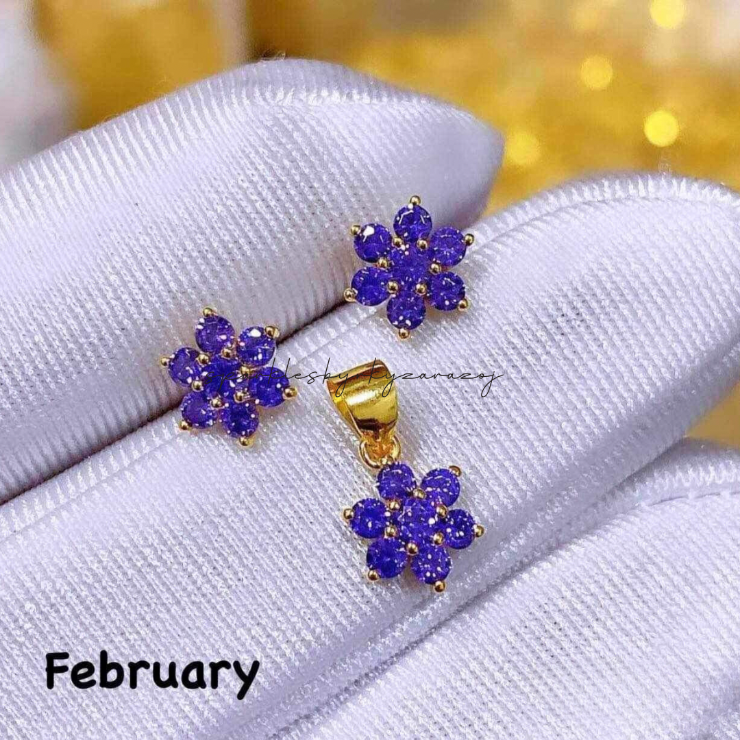 18k Saudi Gold Set February Birthstone Pendant & Earring