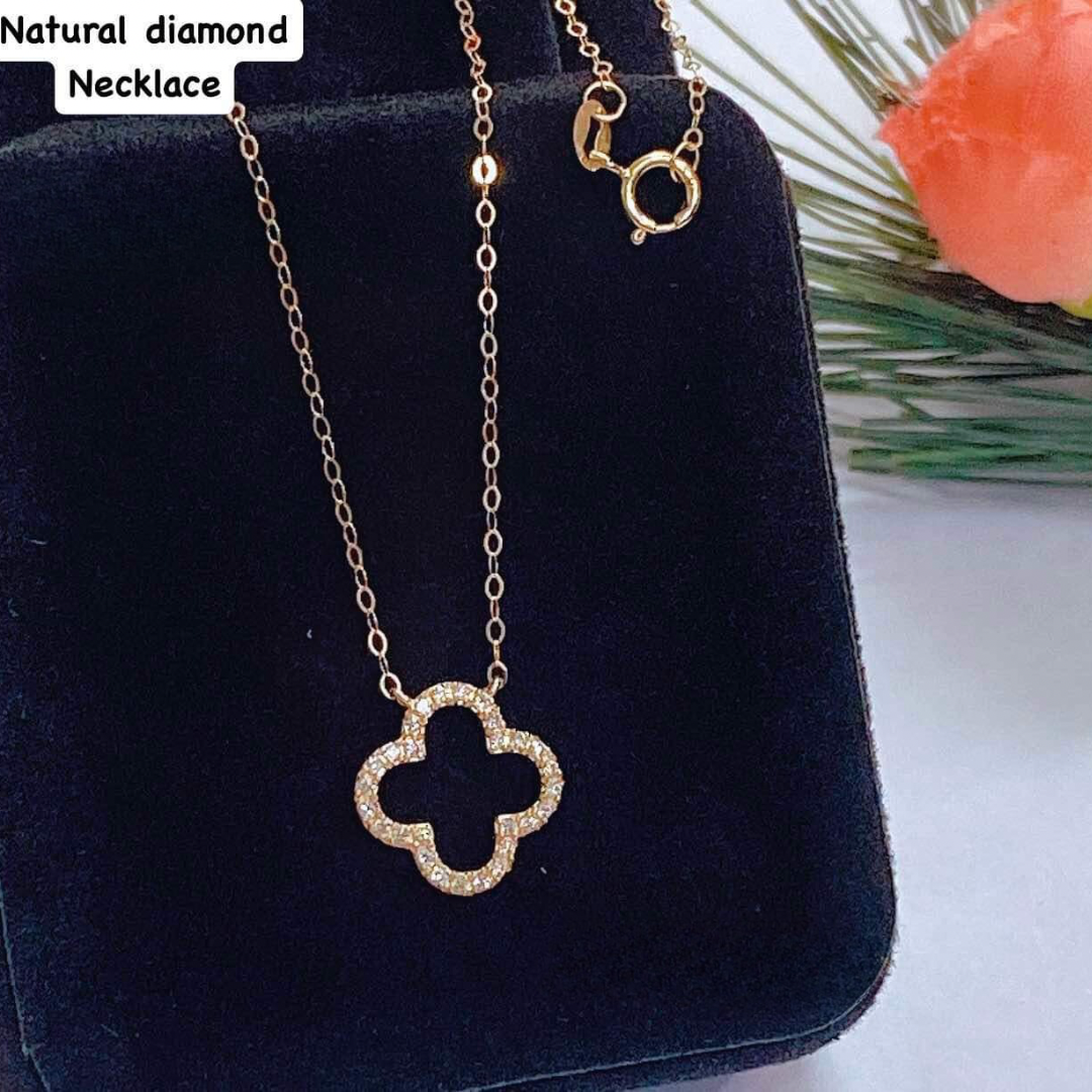 18k Saudi Gold Clover Cross Natural Diamond Necklace