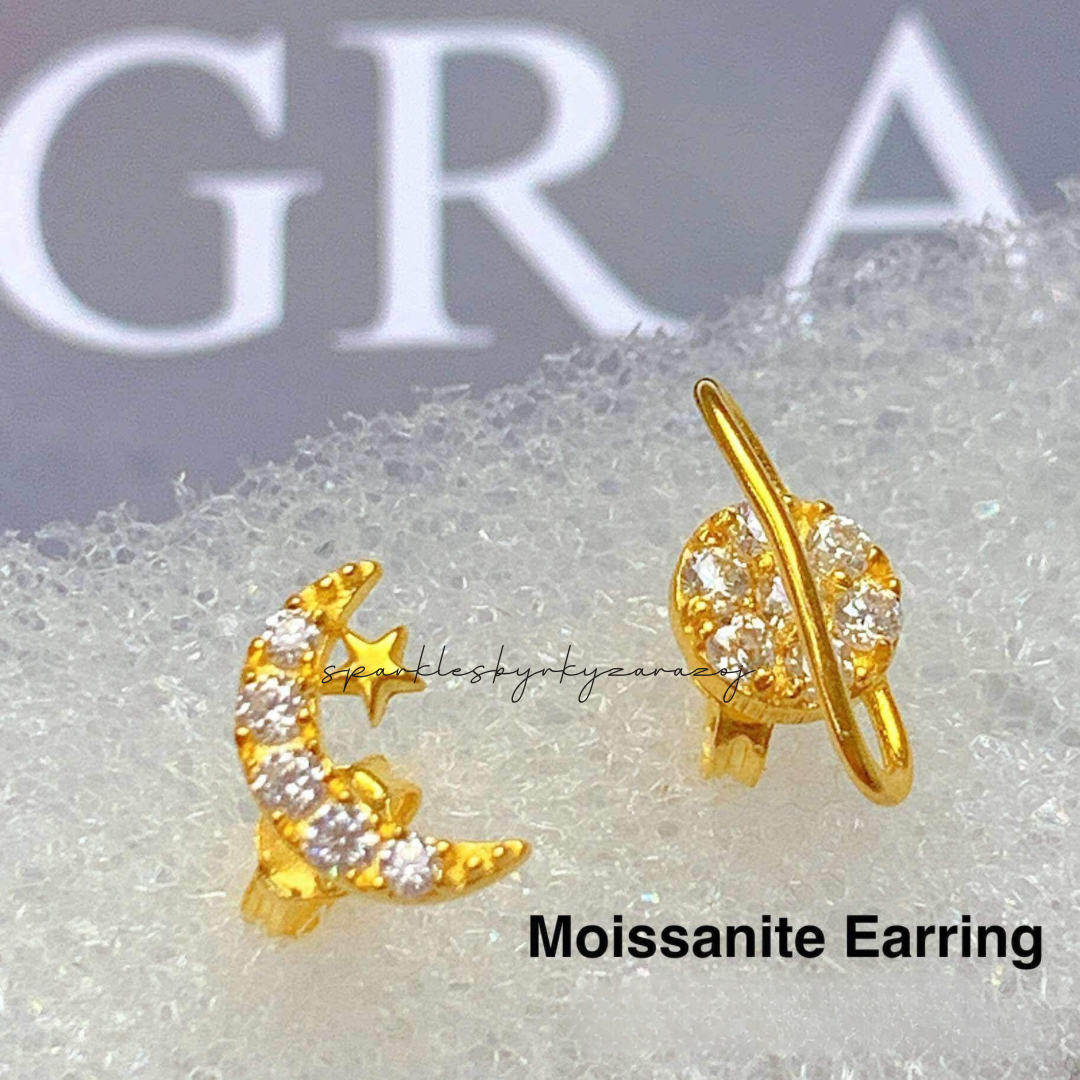 18k Saudi Gold Half Moon/Star Moissanite Earring