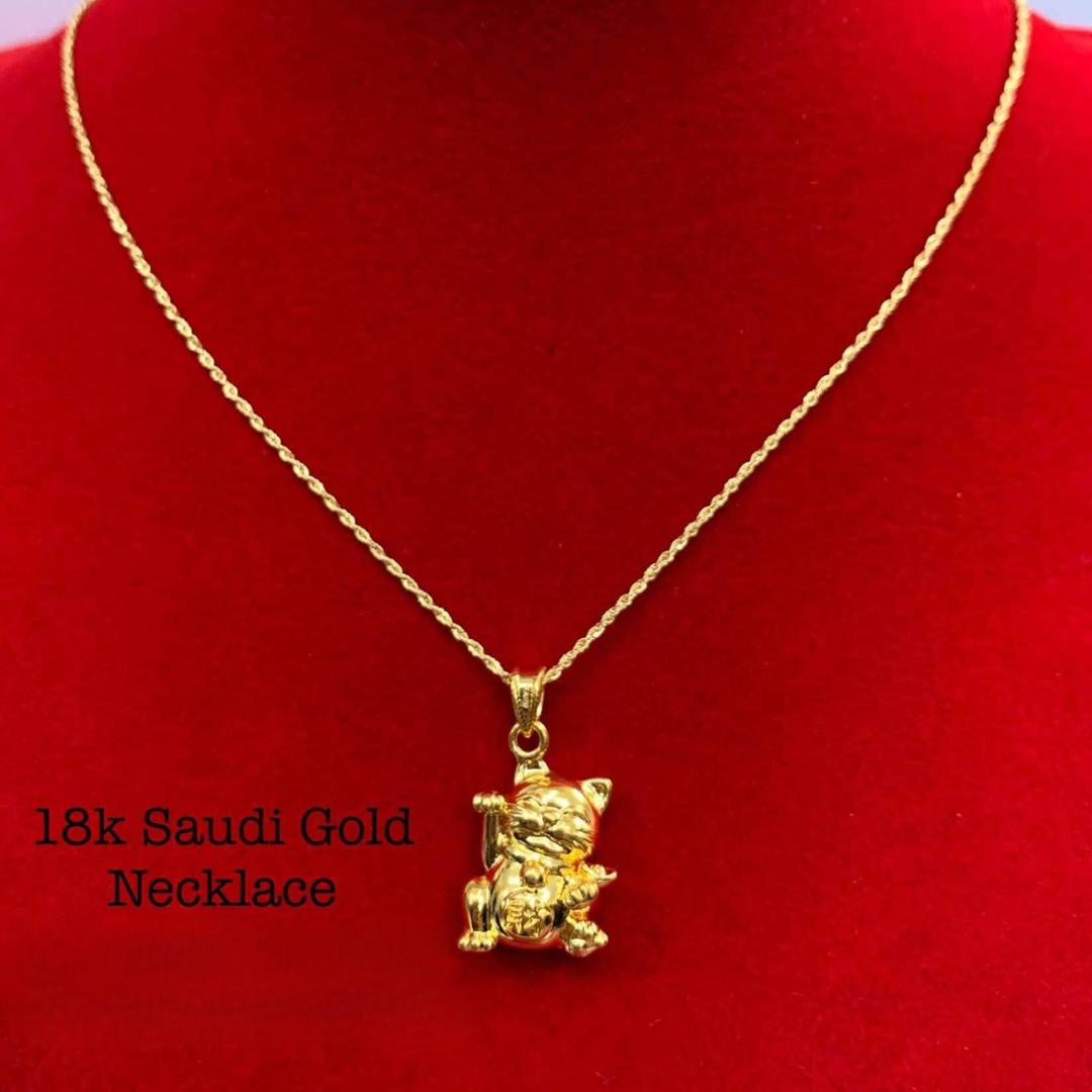 Lucky Cat Necklace Set Chain Pendant 18k Saudi Gold