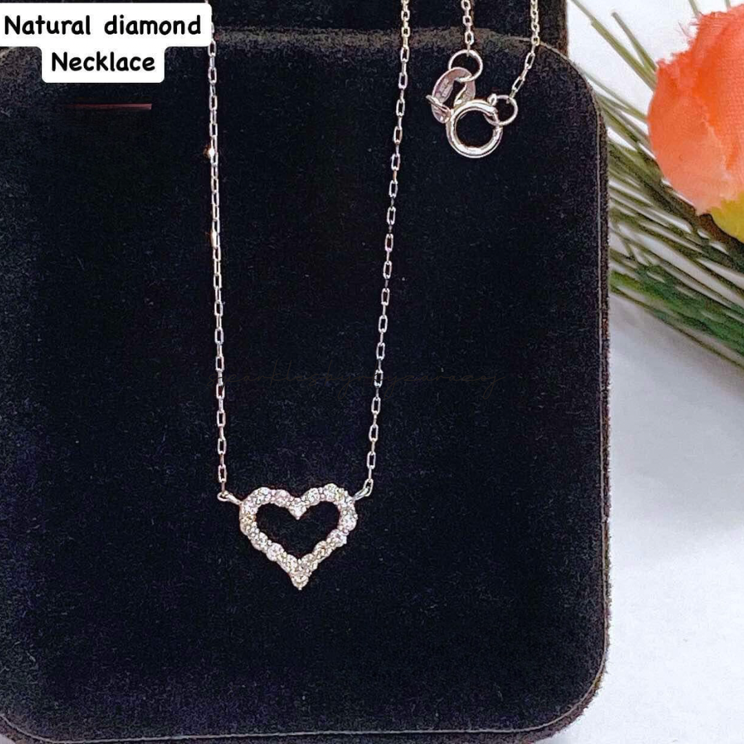 18k Saudi Gold - White Gold Heart Natural Diamond Necklace