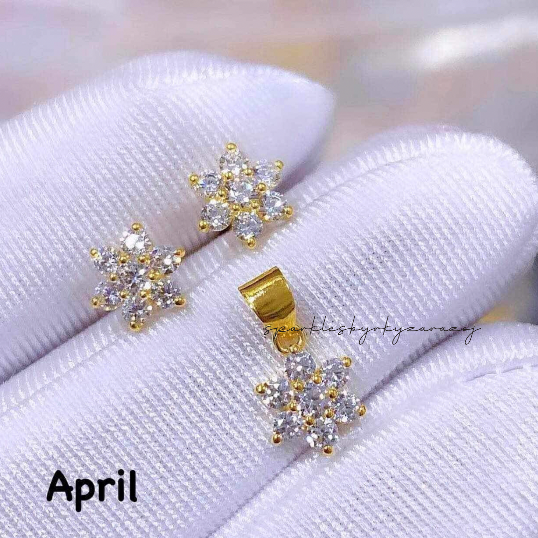 18k Saudi Gold Set April Birthstone Pendant & Earring