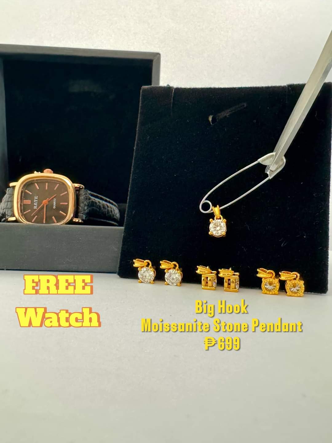 AMPAW/HOLLOW 18k Saudi Gold Moissanite W/ Hook Pendant w/ free watch - SKU-SQAUD06G2