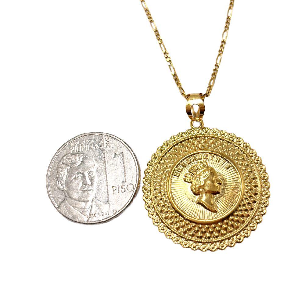 18k Saudi Gold Jumbo Queen Elizabeth Medallion + Figaru Chain Makapal 18"