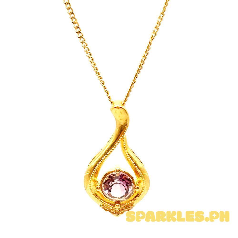 18k Saudi Gold Set Amethyst Drop HOLLOW+ Cadena Chain 20"