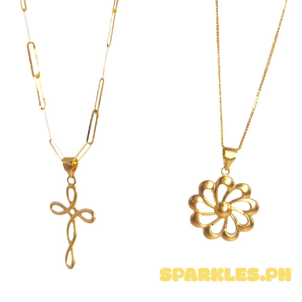18k Saudi Gold Combo Sets Twisted Cross + 2×5mm Micro Paperclip 16" & Turbine Flower + Foxtail Chain 18"