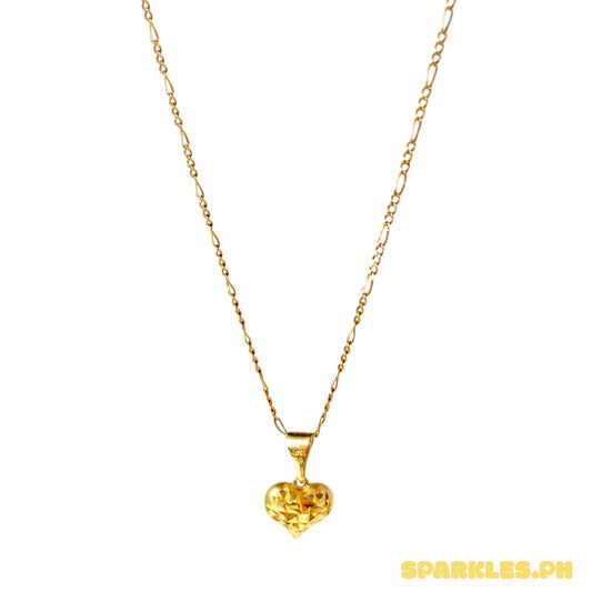 18k Saudi Gold Figaru Chain 16" + 18k Saudi Gold Diacut Heart Buo Pendant