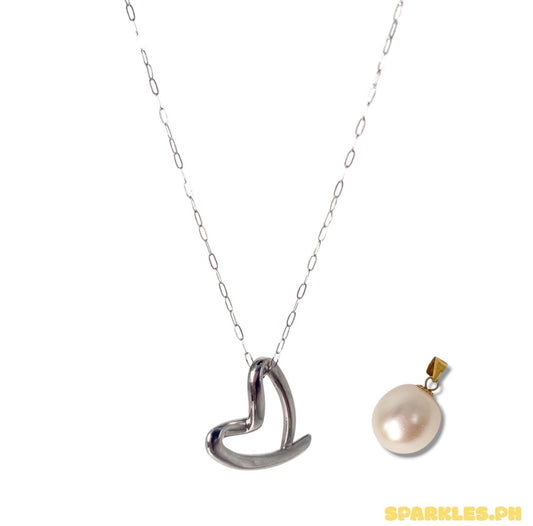 18k Saudi White Gold Micro Paperclip Chain 18" + AMPAW/HOLLOW 18k Saudi Gold White Gold Line Heart Pendant + 18k Saudi Gold Freshwater Pearl Hook Pendant