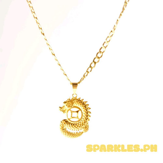 18k Saudi Gold Set Dragon Money Catcher + Cadena Chain 18" Makapal