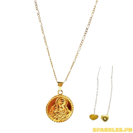 18k Saudi Gold Figaru Chain 18" + 18k Saudi Gold 15mm Mary and Child Pendant + 18k Saudi Gold Sinag heart tictac v2