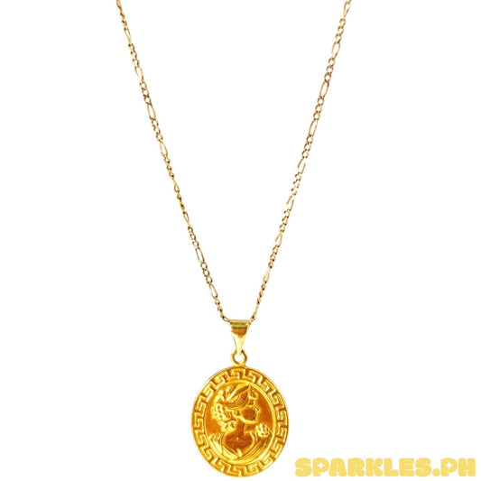 18k Saudi Gold Figaru Chain 16" + 18k Saudi Gold Fenfen Queen Elizabeth Oblong Pendant