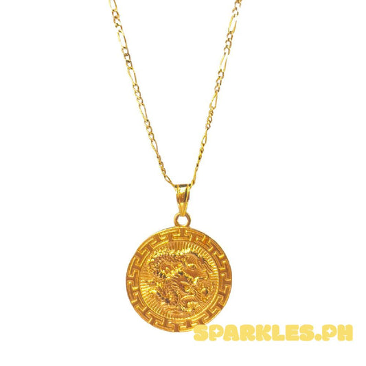 18k Saudi Gold Set Dragon Medallion + Figaru Chain 20"