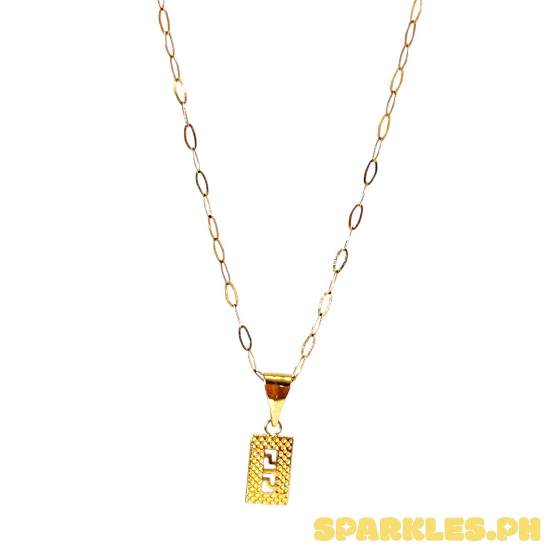 18k Saudi Gold Micro Paperclip Chain 18" +  18k Saudi Gold Fenfen Rectangle Pendant
