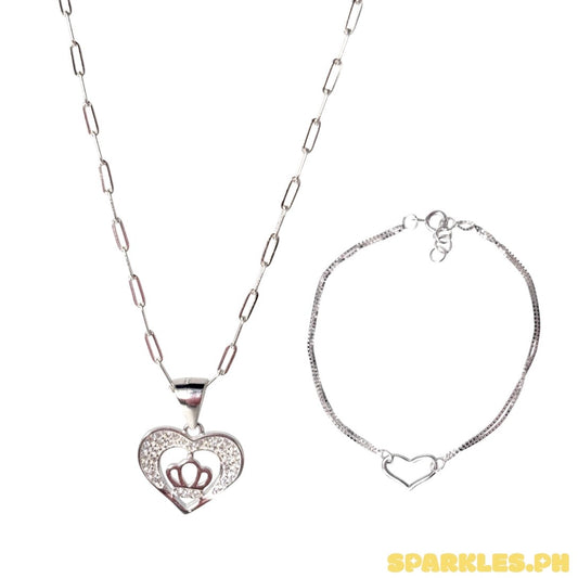 92.5 Sterling Silver - Micro Paperclip Chain Makapal 18” + 92.5 Sterling Silver - Crown Heart Pendant + 92.5 Sterling Silver - Double Layer Heart Bracelet