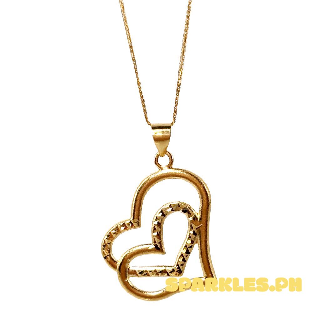18k Saudi Gold Set Classic Diacut Twin Heart + Foxtail Chain 18"
