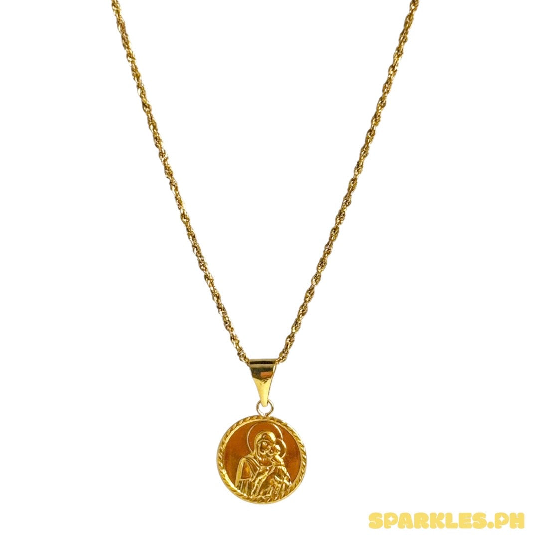 18k Saudi Gold Rope Chain 16" + 18k Saudi Gold 10mm Mary and Child Pendant