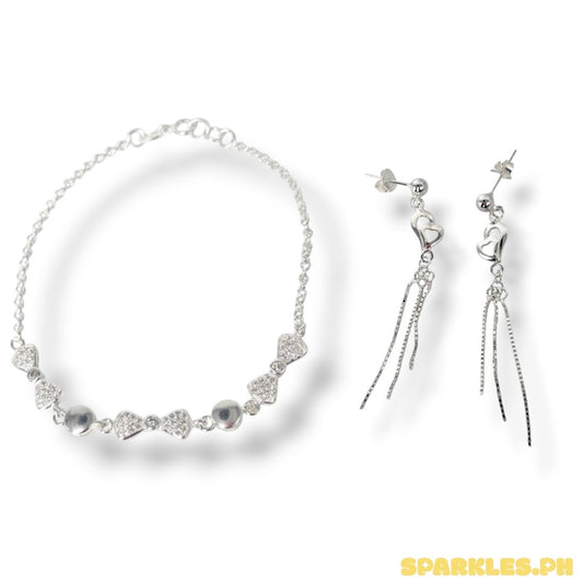92.5 Sterling Silver - Bow Bead Bracelet + 92.5 Sterling Silver - Heart Swing Earrings