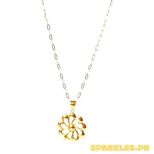 18k Saudi Gold Micro Paperclip Chain 18" + 18k Saudi Gold Turbine Flower Pendant