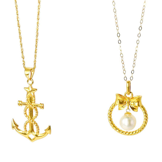 18k Saudi Gold Combo Sets Anchor Star + Rope Chain 16" & Ribbon Pearl HOLLOW + Tauco Chain lv1