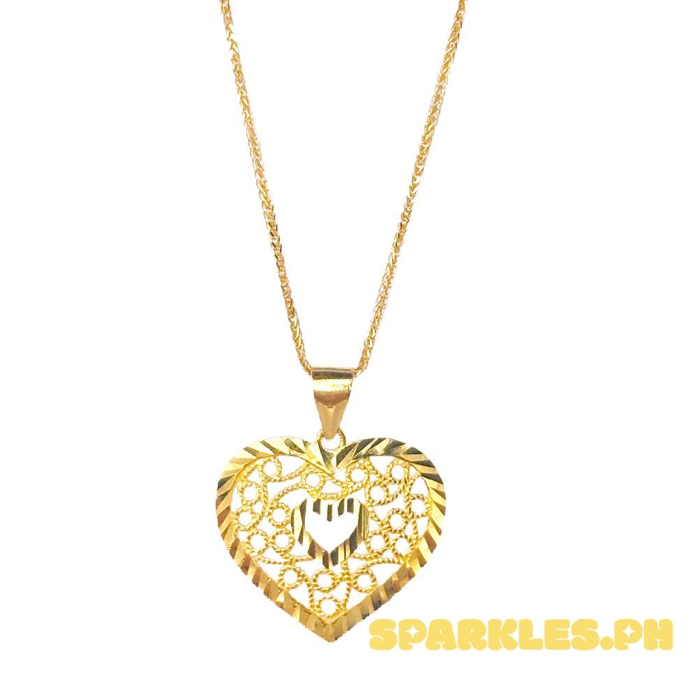 18k Saudi Gold Set Lace Heart + Foxtail Chain 18"