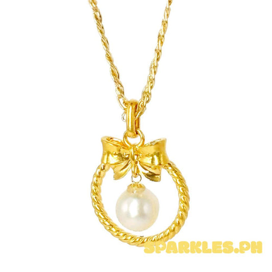 18k Saudi Gold Set Ribbon Pearl HOLLOW  + Tauco Knot Chain 18"