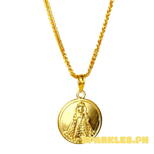 18k Saudi Gold Set 15mm Sto. Nino + Foxtail Chain Makapal 20”