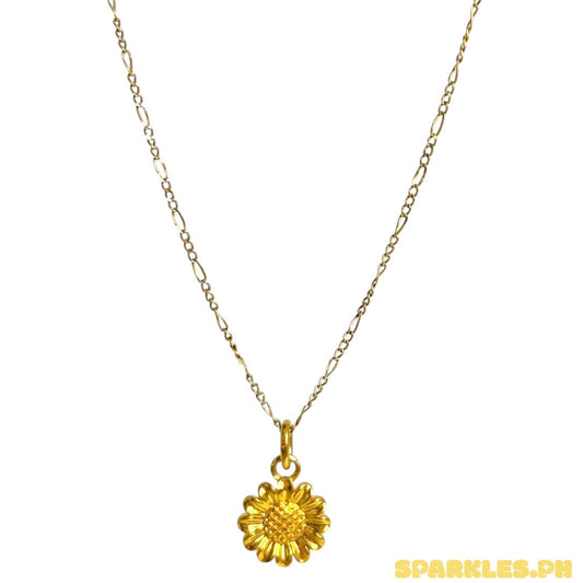 18k Saudi Gold Figaru Chain 16" + AMPAW/HOLLOW 18k Saudi Gold Sunflower Style Pendant - WR7YNQ