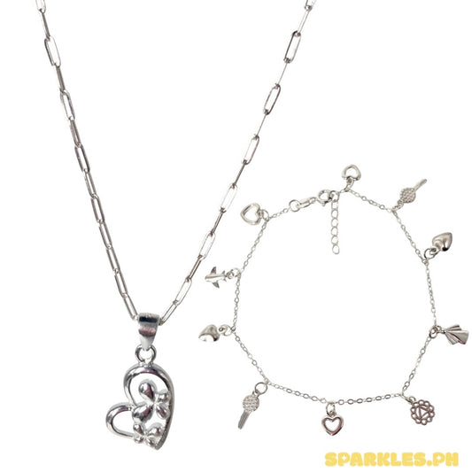 92.5 Sterling Silver - Micro Paperclip Chain Makapal 18” + 92.5 Sterling Silver - Butterfly Heart Pendant + 92.5 Sterling Silver - Charm Bracelet