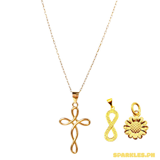 18k Saudi Gold Karkar Chain 18" +18k Saudi Gold Twisted Cross Pendant + 18k Saudi Gold F Style INFINITY Pendant + AMPAW/HOLLOW 18k Saudi Gold Sunflower Style Pendant - WR7YNQ