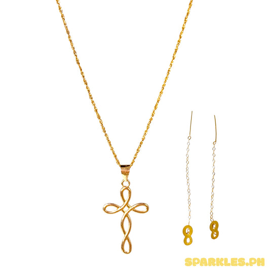 18k Saudi Gold Rope Chain 16" + 18k Saudi Gold Twisted Cross Pendant + 18k Saudi Gold Infinity Tictac Earrings