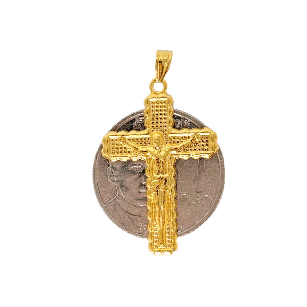 18k Saudi Gold Wavy Jesus on Cross Pendant - SKU-NGXHSW6V