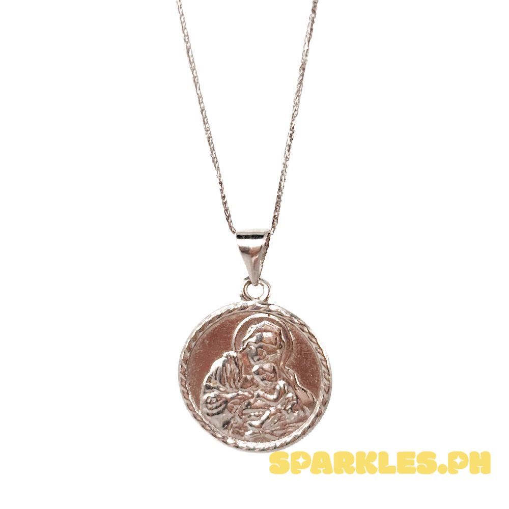 18k Saudi Gold Set White Gold Mary & Child + White Gold Foxtail Chain 18"