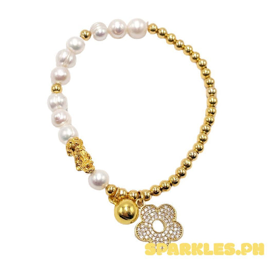 NOT PAWNABLE - 18k Saudi Gold Flower Pearl Piyao Bracelet - SKU-CFOMA04G8