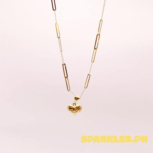 18k Saudi Gold Set Diacut Heart Open Back + 2X5MM PaperClip Chain 16"