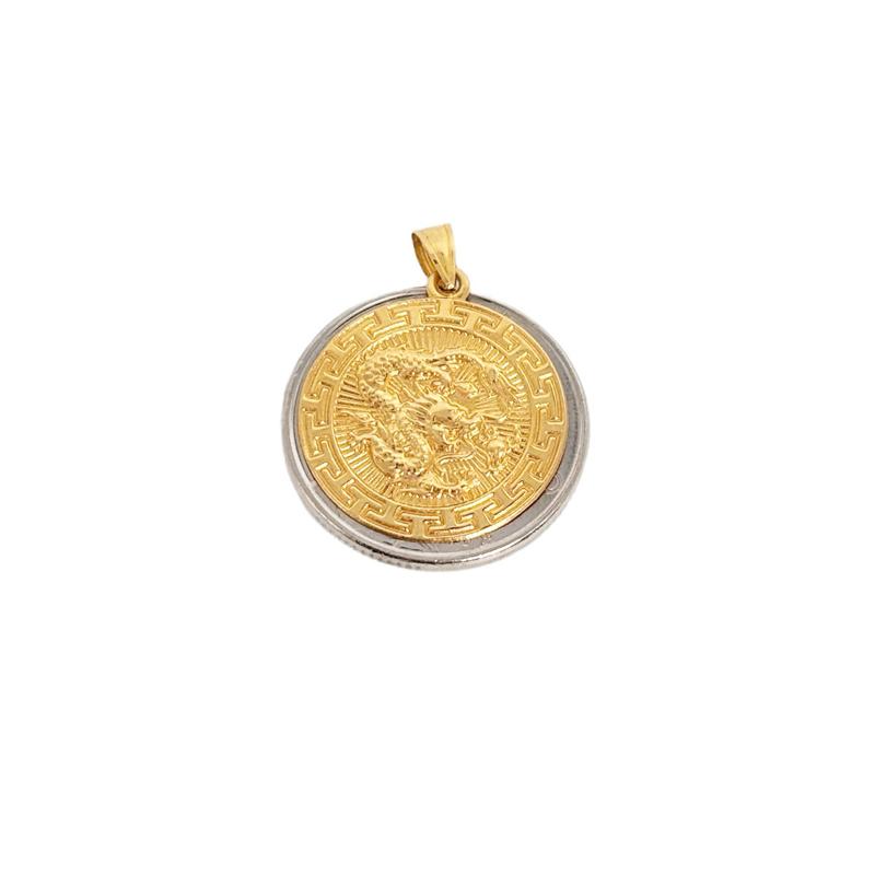 18k Saudi Gold Set Dragon Medallion + Foxtail Chain Makapal 18”