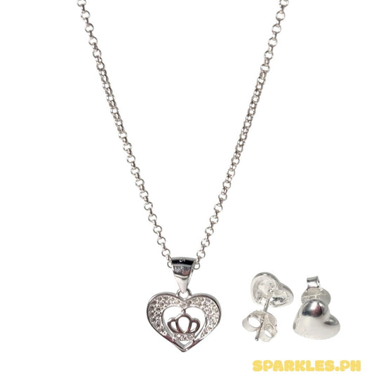 92.5 Sterling Silver - Tauco Chain Level 4 + 92.5 Sterling Silver - Crown Heart Pendant + 92.5 Sterling Silver - Plain Heart Stud Earrings