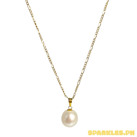18k Saudi Gold Figaru Chain 18" + 18k Saudi Gold Freshwater Pearl Hook Pendant