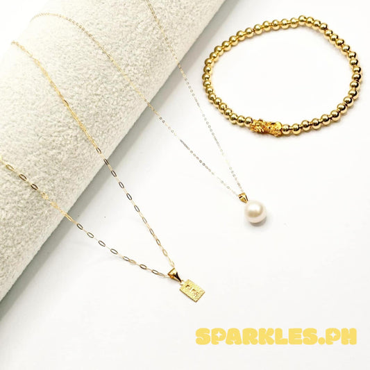 18k Saudi Gold Combo Set Rectangular FenFen+ Micro Paper Clip Chain 16" & Freshwater Pearl + Tauco Chain lv1 & Bubble Piyao Bracelet