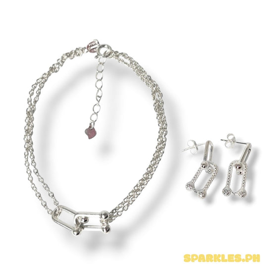 92.5 92.5 Sterling Silver - Double Layer U Bar Bracelet + 92.5 Sterling Silver - U Bar Stud Earrings