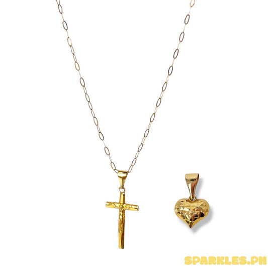 18k Saudi Gold Micro Paperclip Chain 20" + 18k Saudi Gold Big Square Cross Pendant + 18k Saudi Gold Mini Diacut Heart Open Back PENDANT