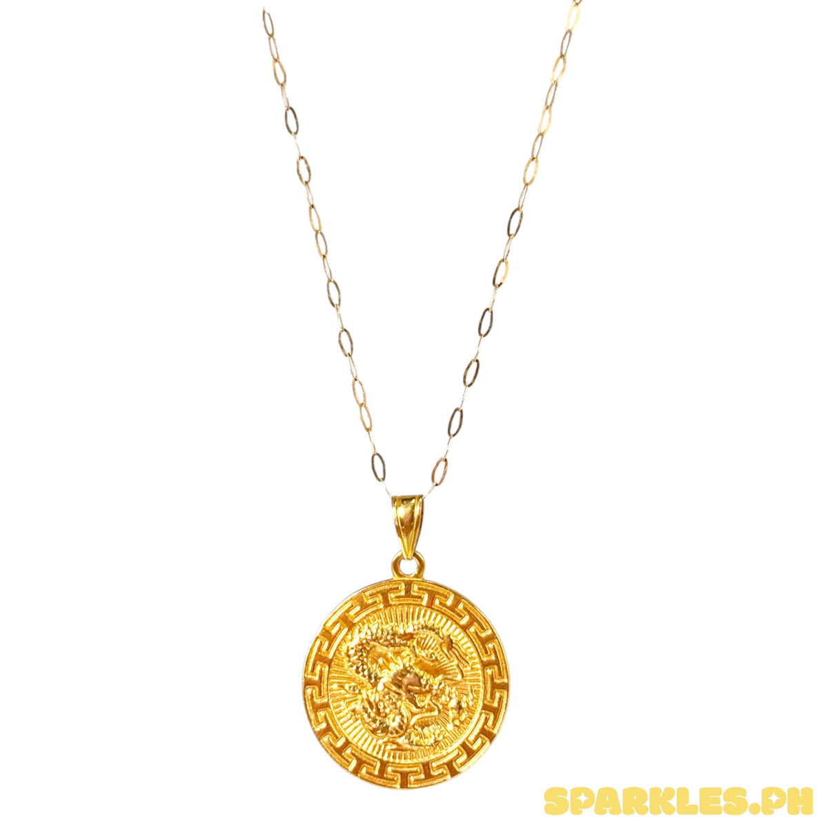 18k Saudi Gold Micro Paperclip Chain 18" + 18k Saudi Gold Dragon Medallion Pendant