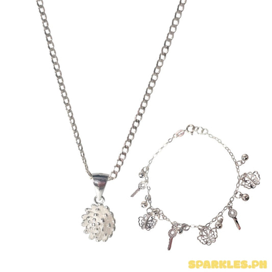 92.5 Sterling Silver - 2mm Cadena Chain 16" + 92.5 Sterling Silver - Pine Bloom Pendant + 92.5 Sterling Silver - Station Butterfly Key Bracelet