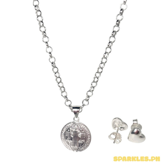 92.5 Sterling Silver - 4mm Tauco Chain 18” + 92.5 Sterling Silver - St. Benedict Medallion Pendant V2 + 2.5 Sterling Silver - Plain Heart Stud Earrings