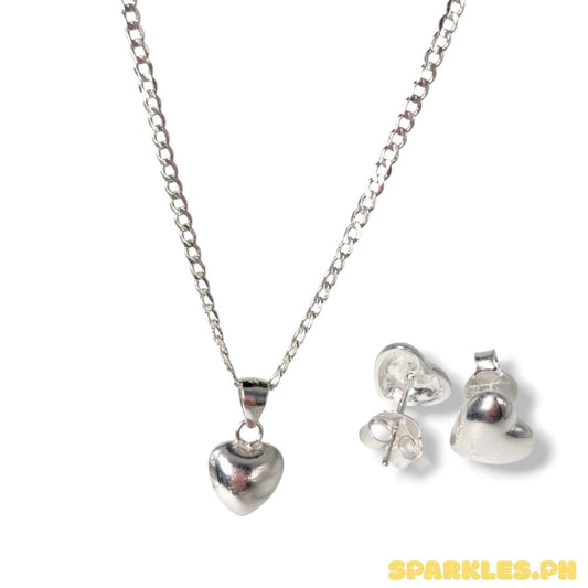 92.5 Sterling Silver - 2mm Cadena Chain 20" + 92.5 Sterling Silver - Puffed Heart Pendant + 92.5 Sterling Silver - Plain Heart Stud Earrings